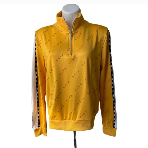 PINK VS Quarter Zip Up Track Jacket Gold w/ Blk Pink Ticking - Picture 2 of 11